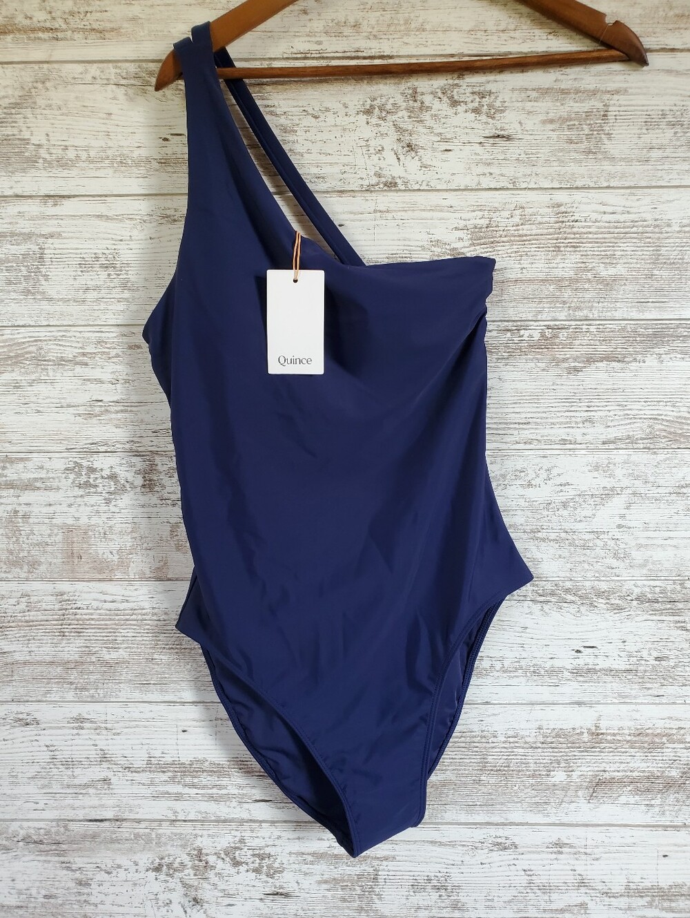 NWT Quince Italian One Shoulder One Piece Swimsuit Navy Blue